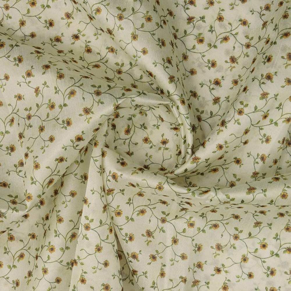 Charming Sunflower Vine Print on Cream Tusser Silk Fabric
