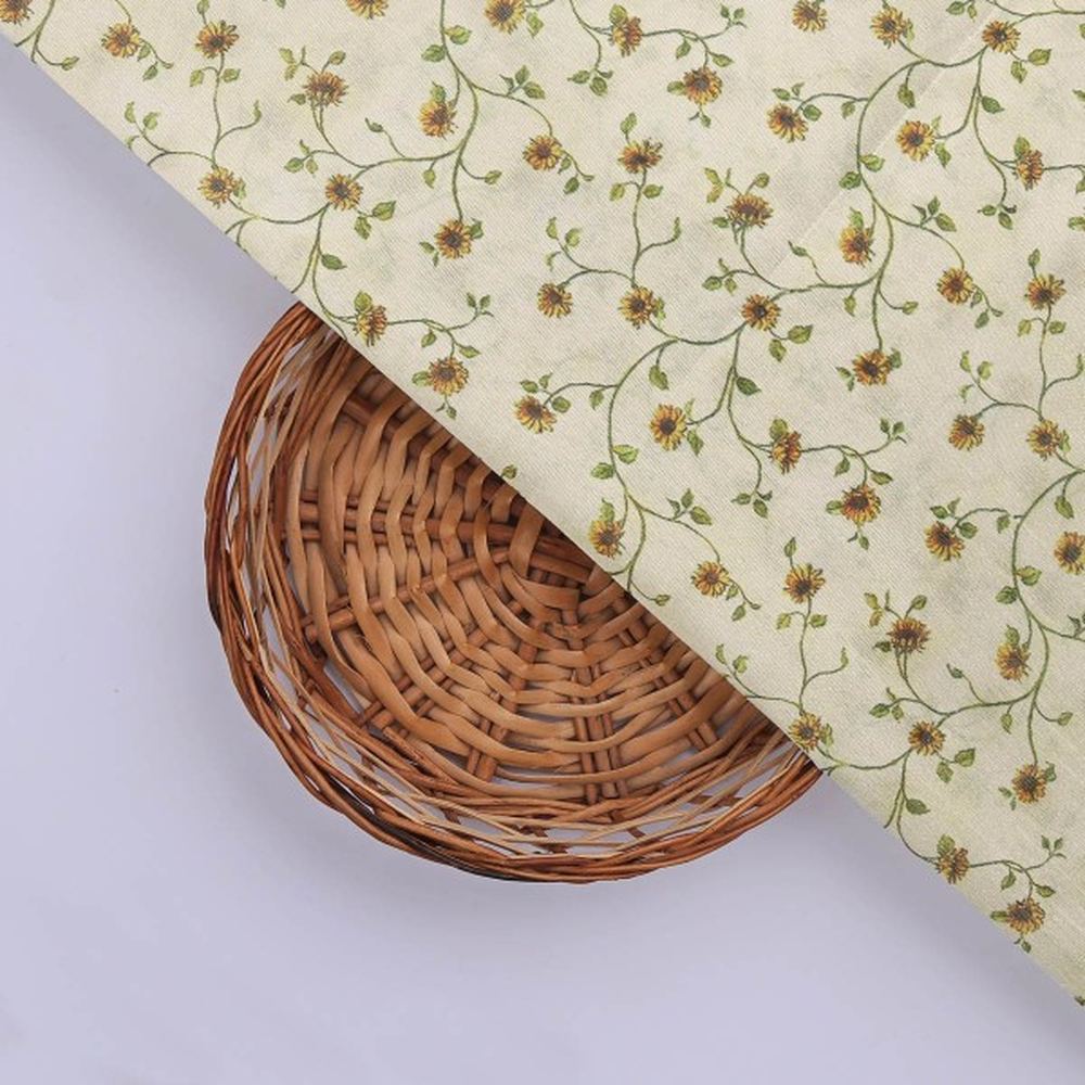 Charming Sunflower Vine Print on Cream Tusser Silk Fabric
