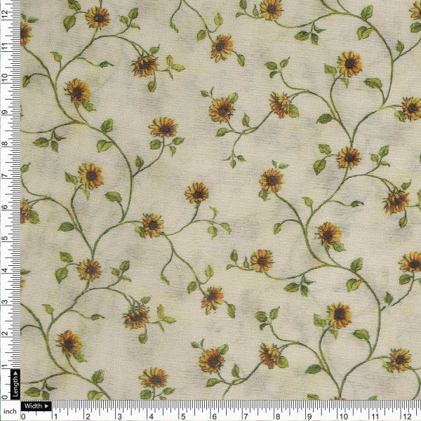 Charming Sunflower Vine Print on Cream Tusser Silk Fabric
