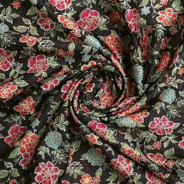 Black Tusser Silk with Red Floral Print – ts 0 ma021140 110 2