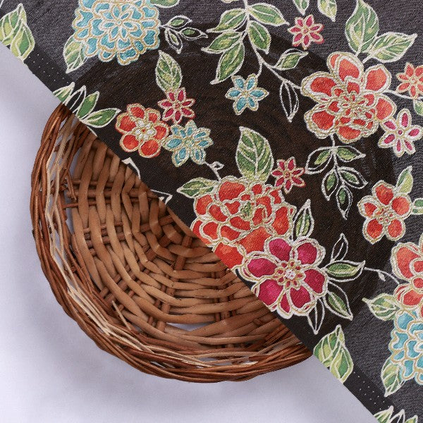 Black Tusser Silk with Red Floral Print – ts 0 ma021140 110 3