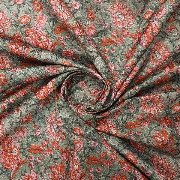 Green & Red Floral Printed Tusser Silk – ts 0 ma022576 110 2 - alternate view