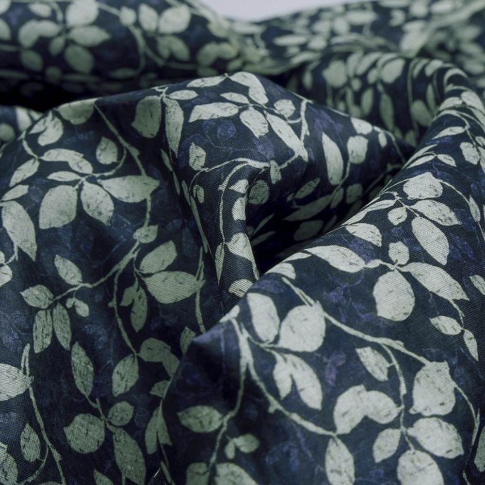 Elegant Navy Blue Leafy Vine Print on Tusser Silk Fabric