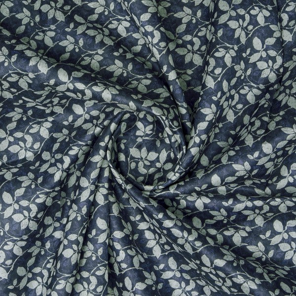 Elegant Navy Blue Leafy Vine Print on Tusser Silk Fabric