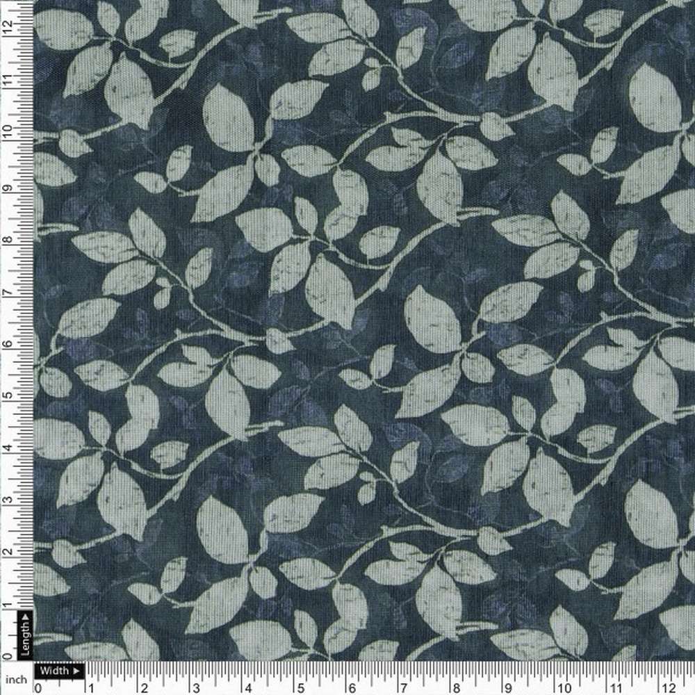 Elegant Navy Blue Leafy Vine Print on Tusser Silk Fabric