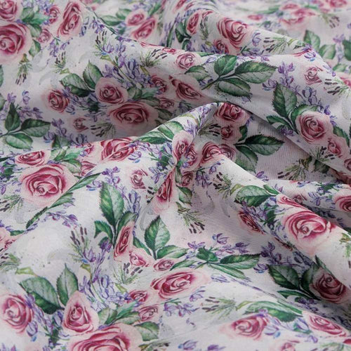 Pink Rose & Lavender Garden Tusser Silk Print Fabric