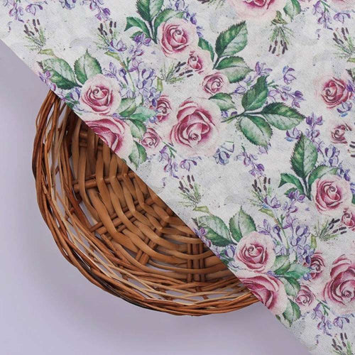 Pink Rose & Lavender Garden Tusser Silk Print Fabric