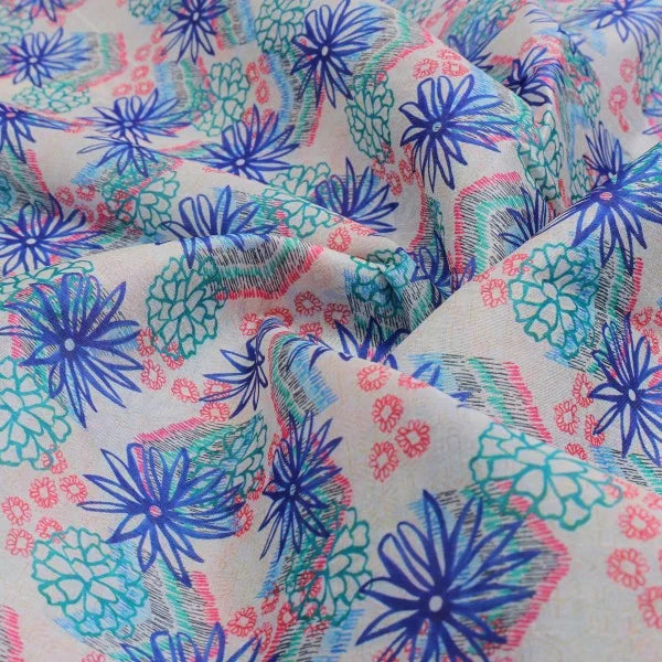 Blue & Teal Abstract Floral Sketch Tusser Silk Fabric – ts 0 ta0265 110 1