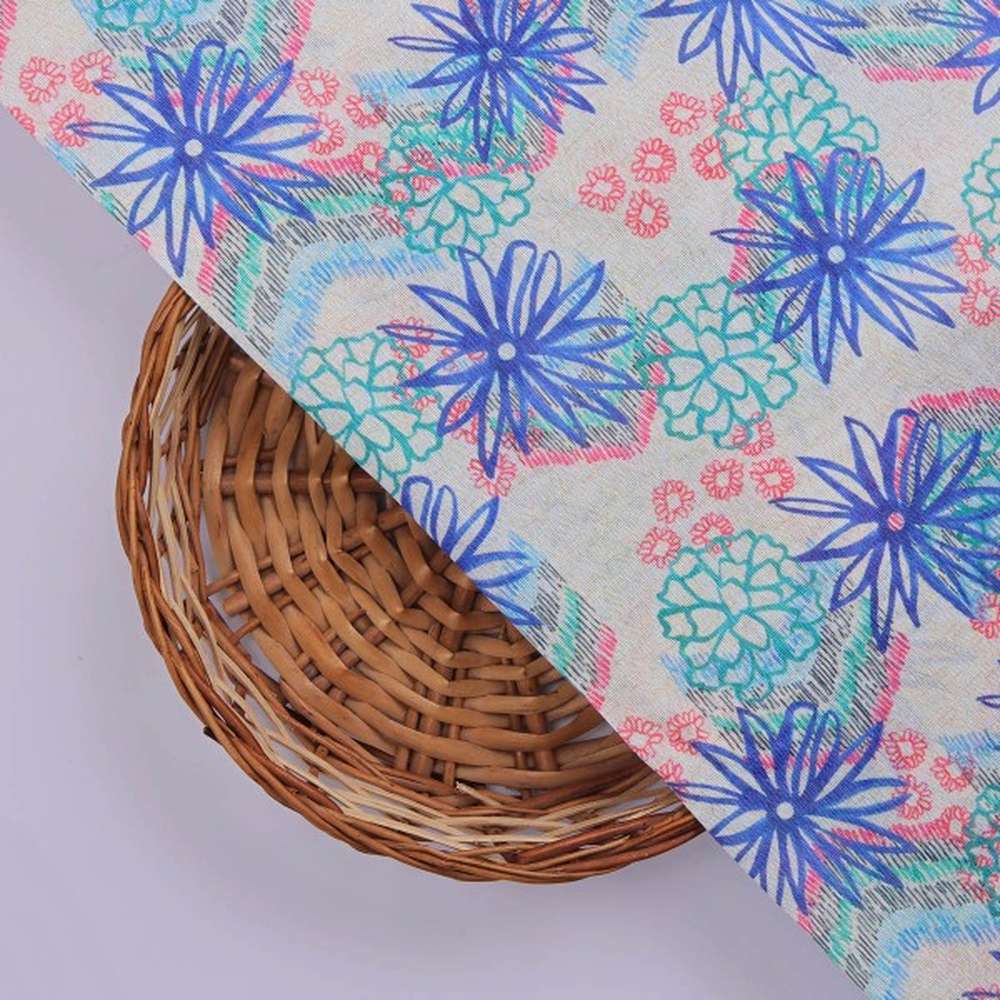 Blue & Teal Abstract Floral Sketch Tusser Silk Fabric – ts 0 ta0265 110 3