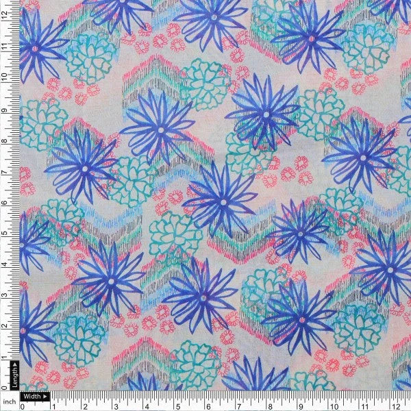 Blue & Teal Abstract Floral Sketch Tusser Silk Fabric – ts 0 ta0265 110 4