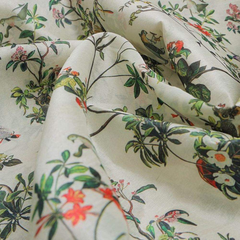 Exotic Birds & Botanical Garden Tusser Silk Fabric
