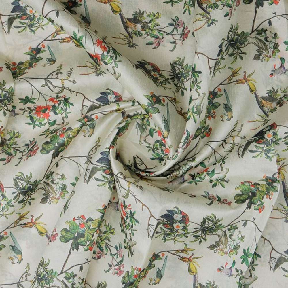 Exotic Birds & Botanical Garden Tusser Silk Fabric
