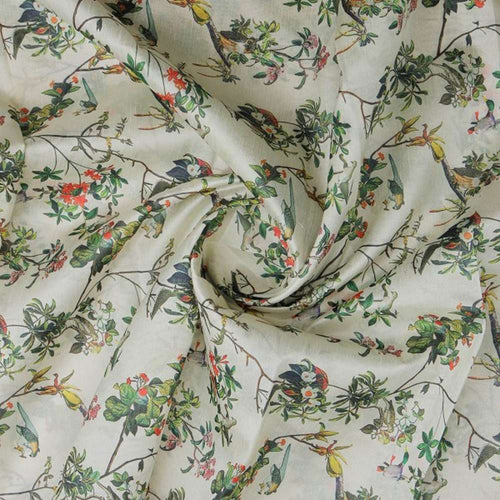 Exotic Birds & Botanical Garden Tusser Silk Fabric