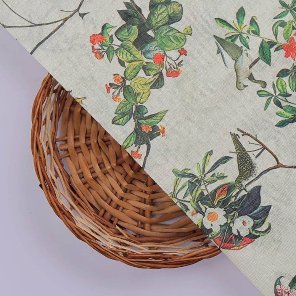 Exotic Birds & Botanical Garden Tusser Silk Fabric