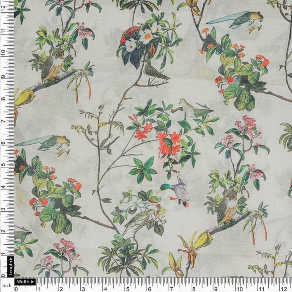Exotic Birds & Botanical Garden Tusser Silk Fabric