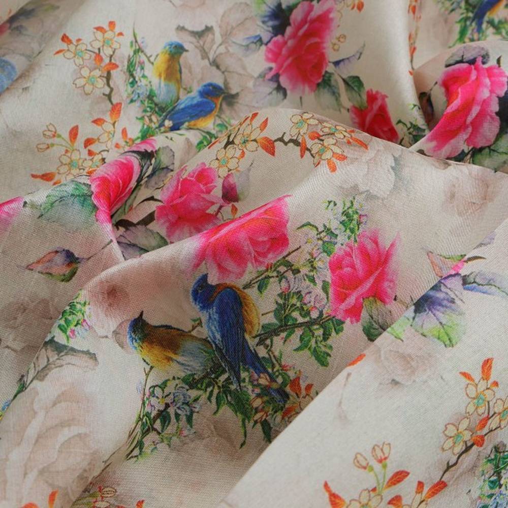 Vibrant Bird & Pink Rose Garden Tusser Silk Fabric