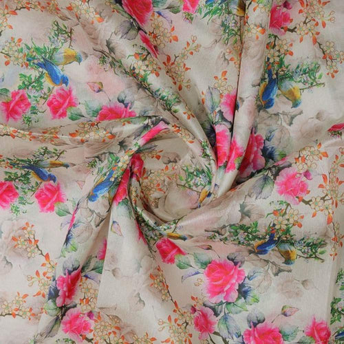 Vibrant Bird & Pink Rose Garden Tusser Silk Fabric – ts 0 ta0320 110 2