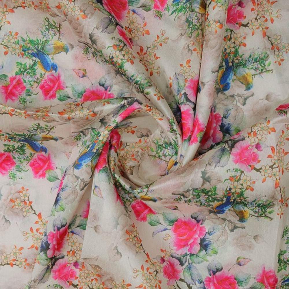 Vibrant Bird & Pink Rose Garden Tusser Silk Fabric