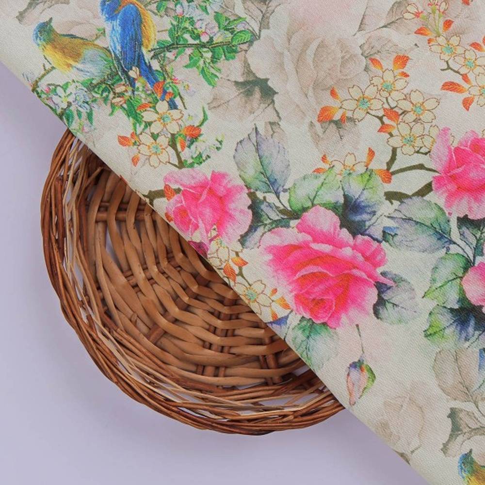 Vibrant Bird & Pink Rose Garden Tusser Silk Fabric