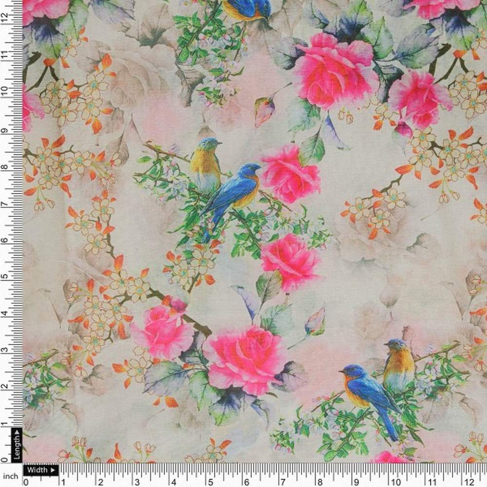 Vibrant Bird & Pink Rose Garden Tusser Silk Fabric