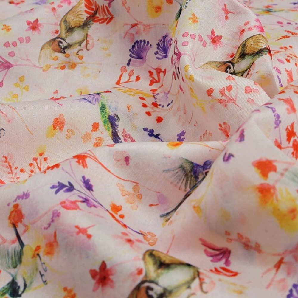 Artistic Watercolour Birds & Floral Tusser Silk Fabric – ts 0 ta0322 110 1