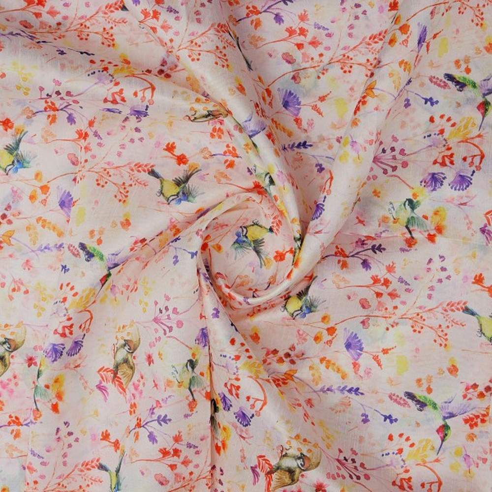 Artistic Watercolour Birds & Floral Tusser Silk Fabric