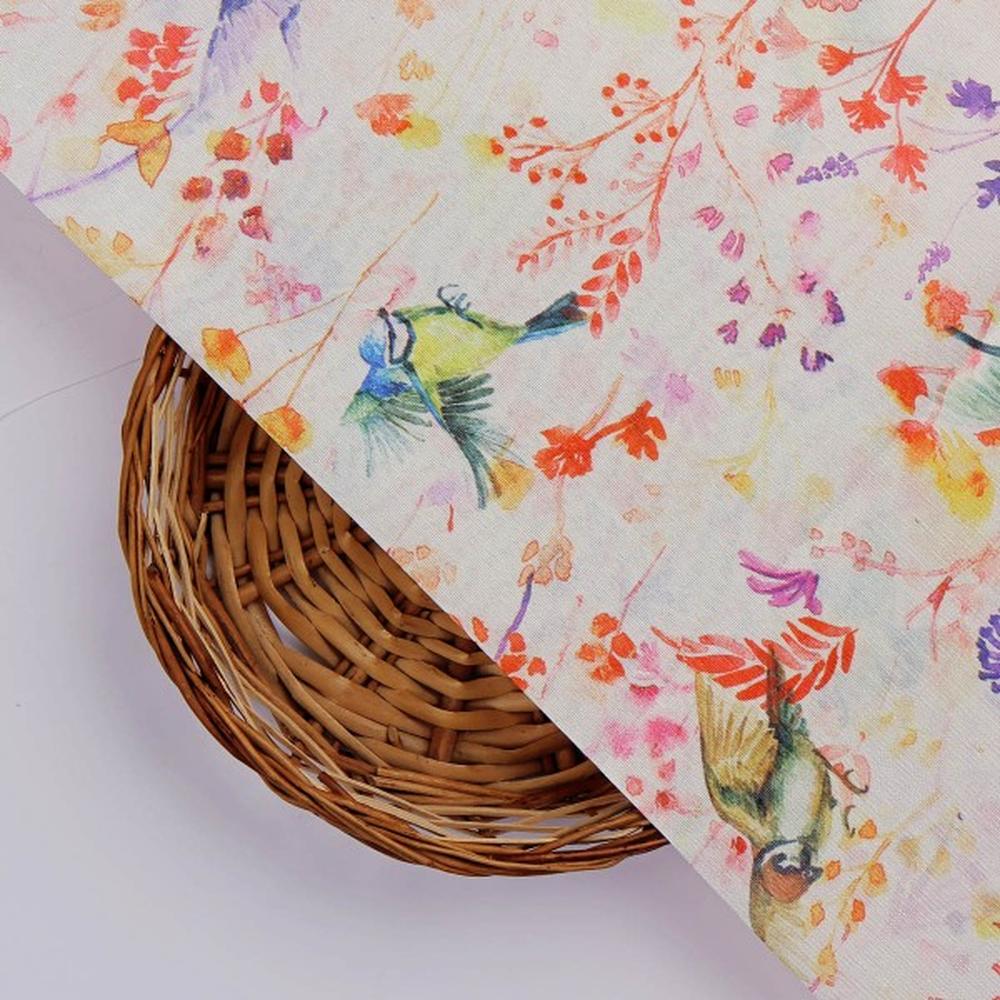 Artistic Watercolour Birds & Floral Tusser Silk Fabric