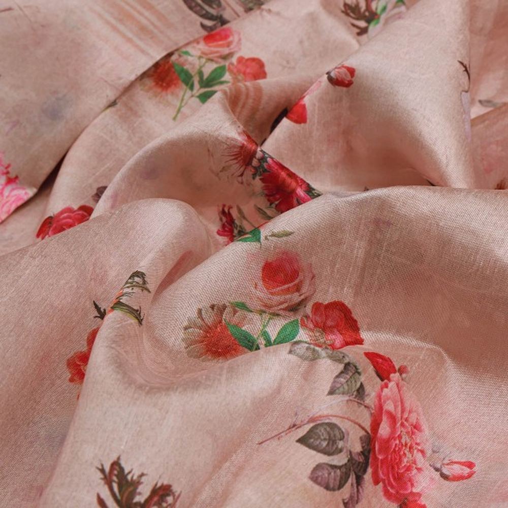 Vintage Rose Floral Print on Soft Tusser Silk Fabric