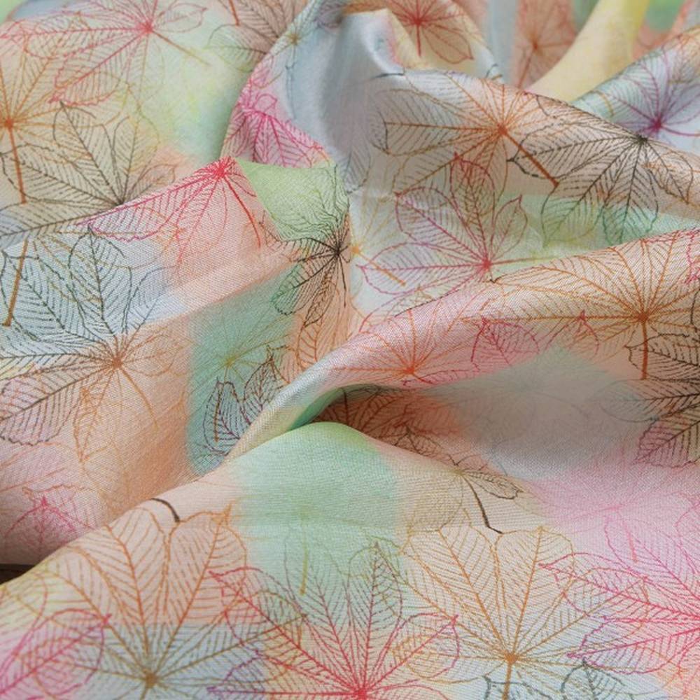 Pastel Checkered Chestnut Leaf Print Tusser Silk Fabric