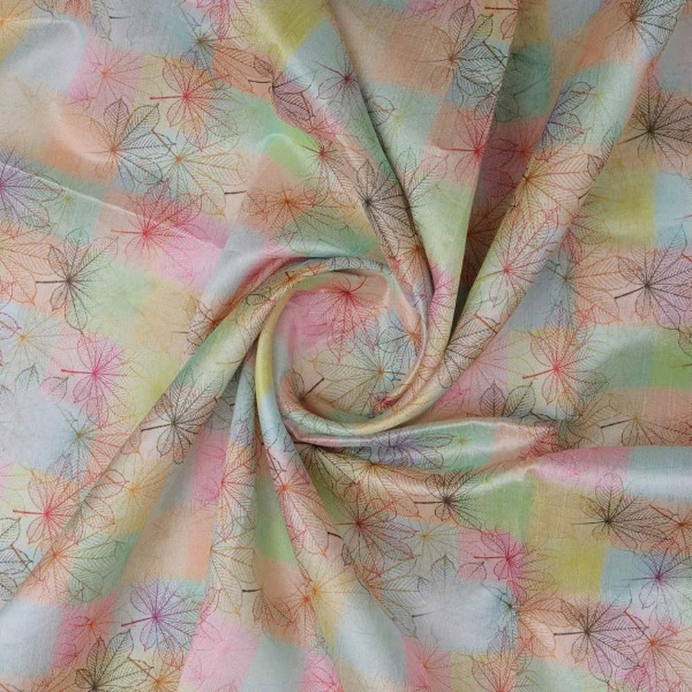 Pastel Checkered Chestnut Leaf Print Tusser Silk Fabric
