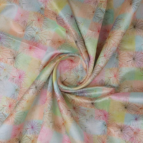 Pastel Checkered Chestnut Leaf Print Tusser Silk Fabric
