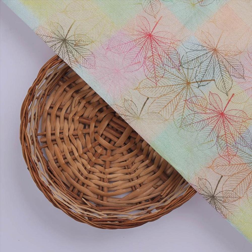 Pastel Checkered Chestnut Leaf Print Tusser Silk Fabric