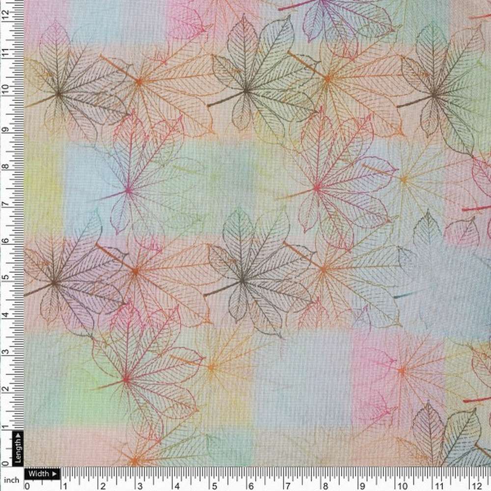 Pastel Checkered Chestnut Leaf Print Tusser Silk Fabric