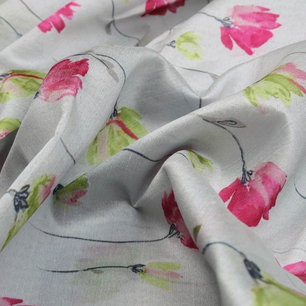 Pink & Green Watercolour Floral Tusser Silk Fabric