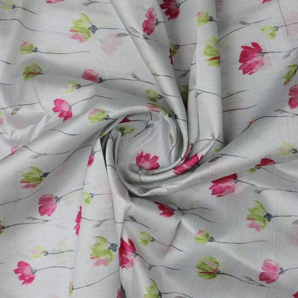 Pink & Green Watercolour Floral Tusser Silk Fabric