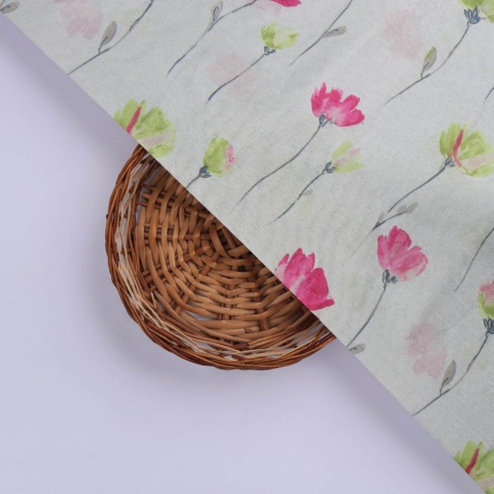 Pink & Green Watercolour Floral Tusser Silk Fabric