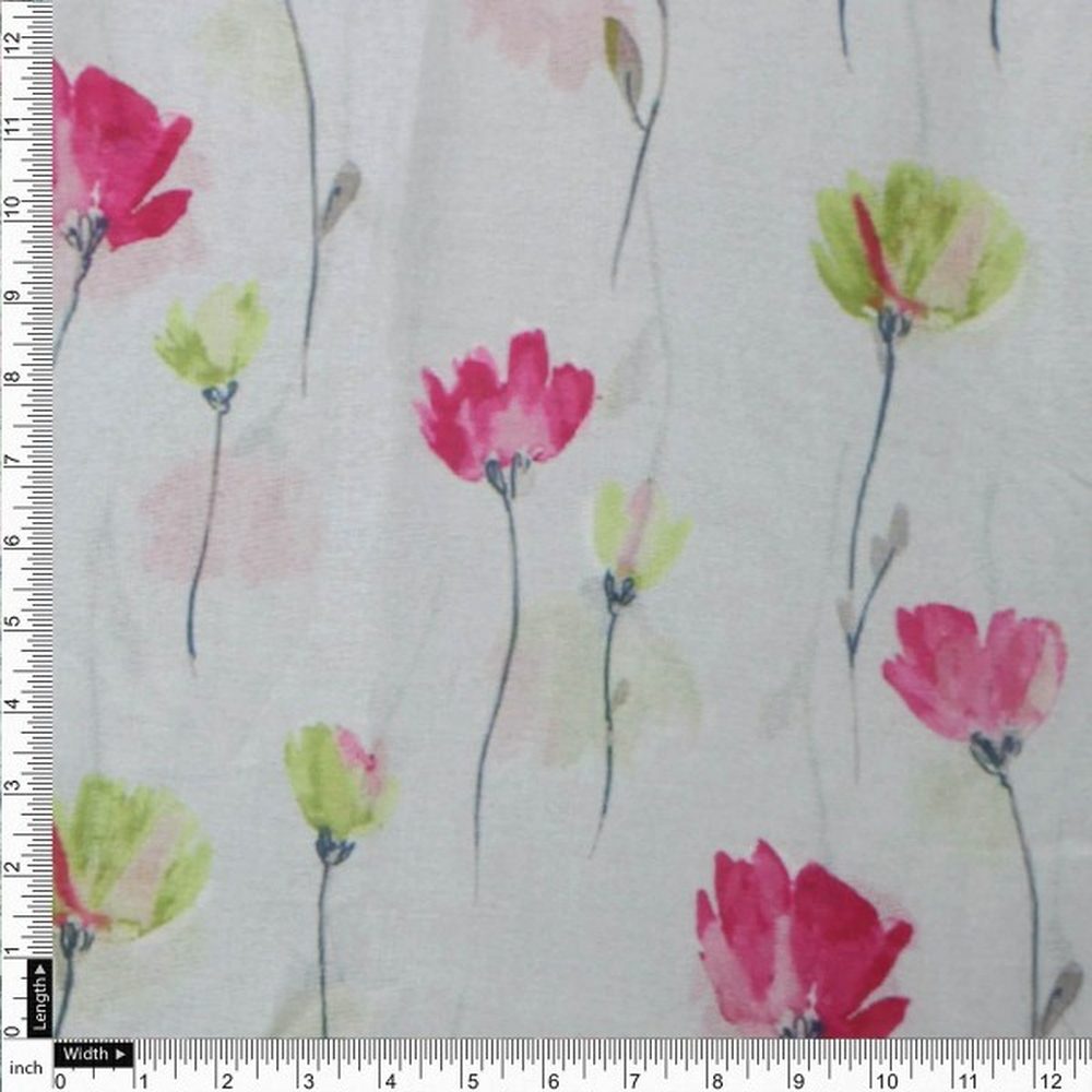 Pink & Green Watercolour Floral Tusser Silk Fabric