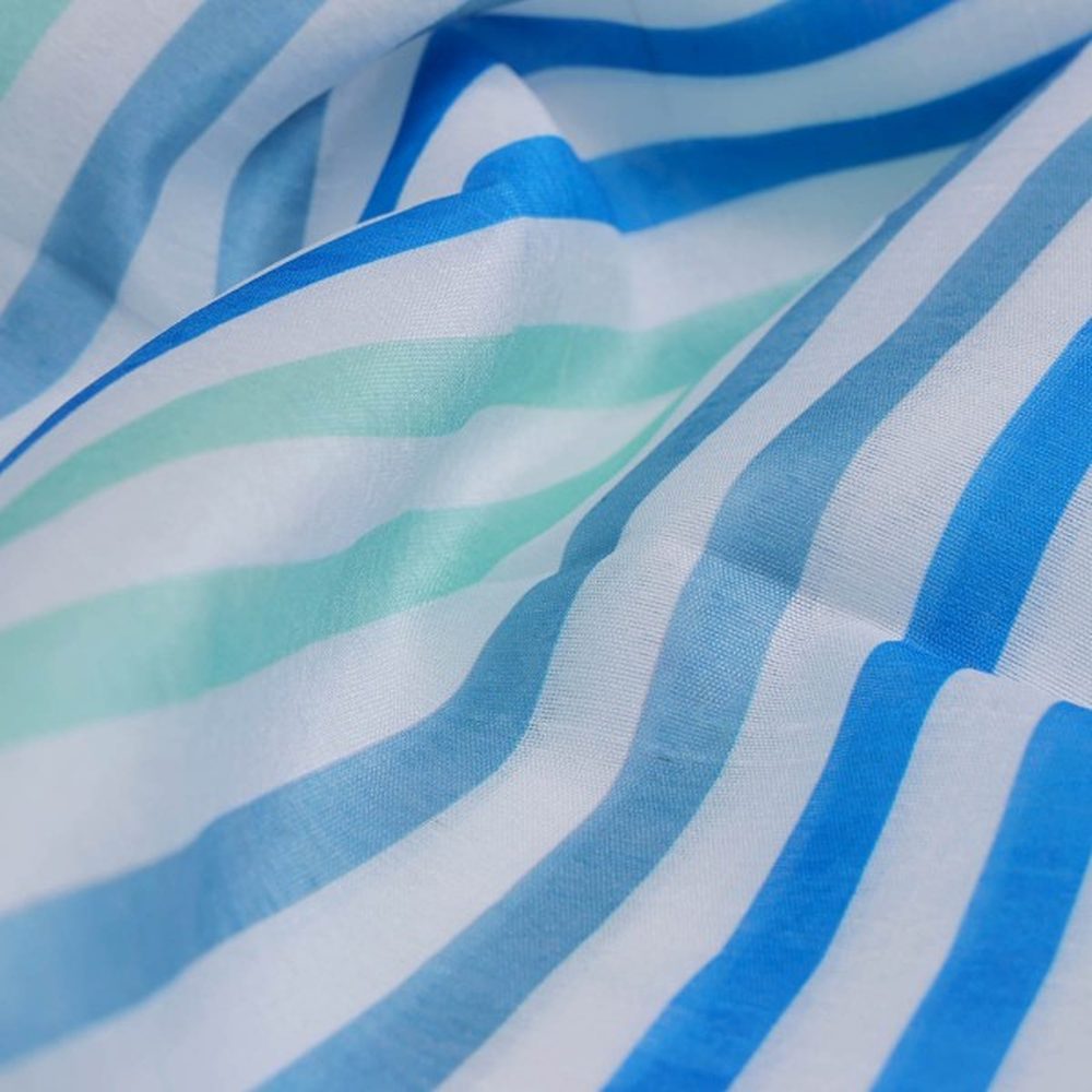 Blue & Sea Green Striped Tusser Silk Fabric for Kurtas