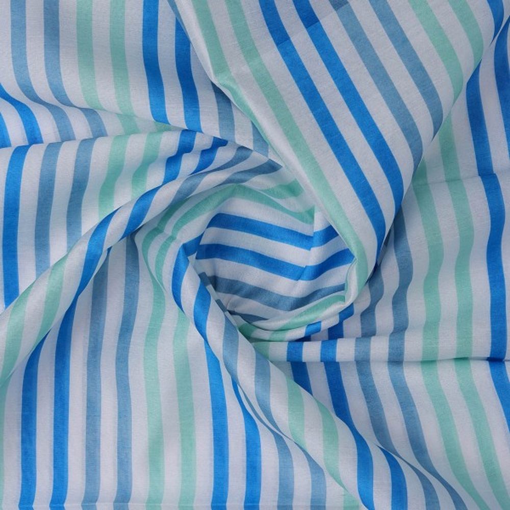 Blue & Sea Green Striped Tusser Silk Fabric for Kurtas