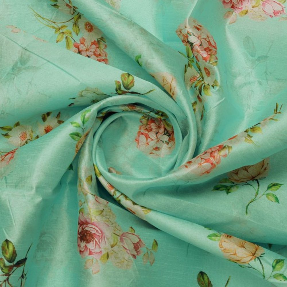 Sea Green and Pink Floral Printed Tusser Silk Fabric – ts 0 ta08361 110 2