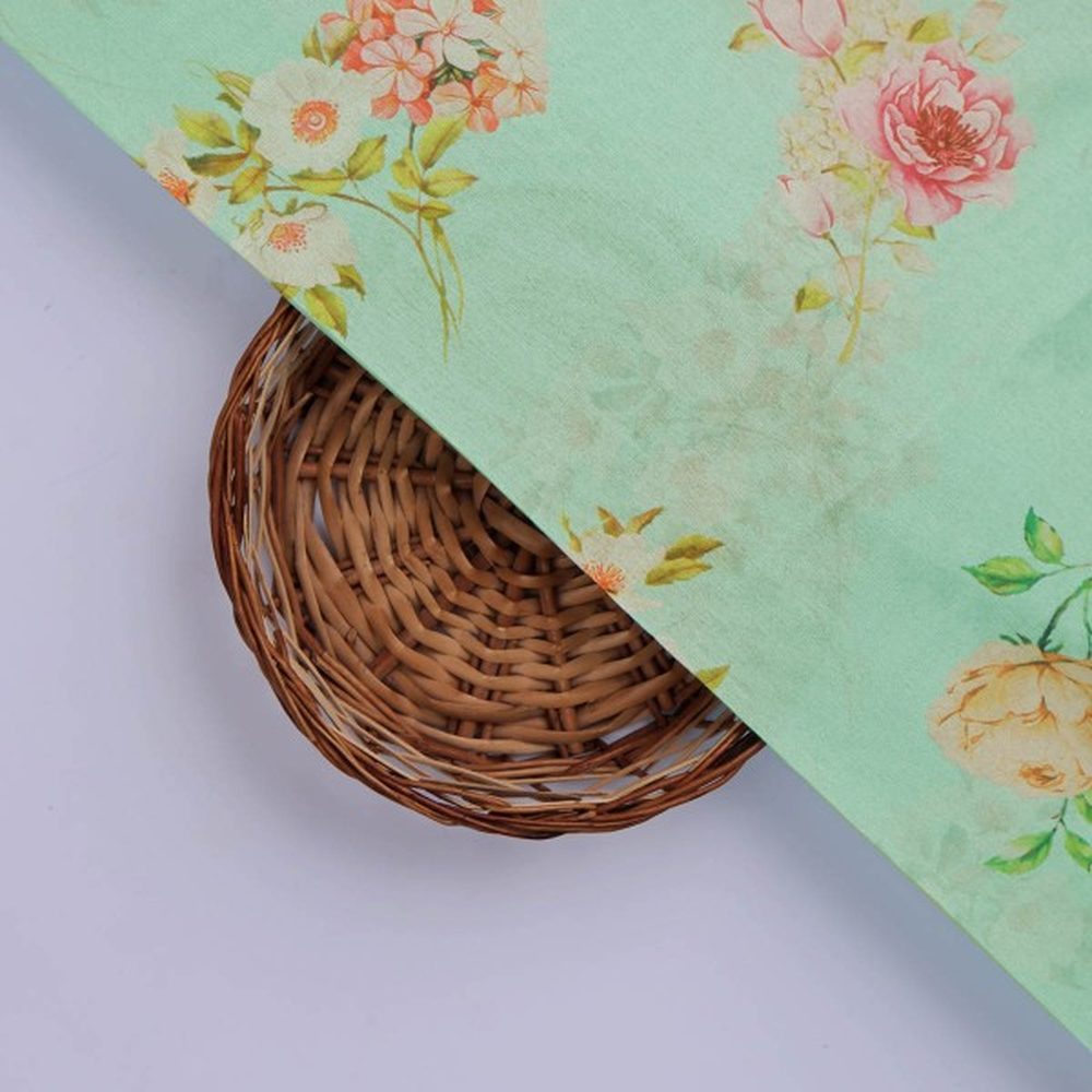 Sea Green and Pink Floral Printed Tusser Silk Fabric – ts 0 ta08361 110 3