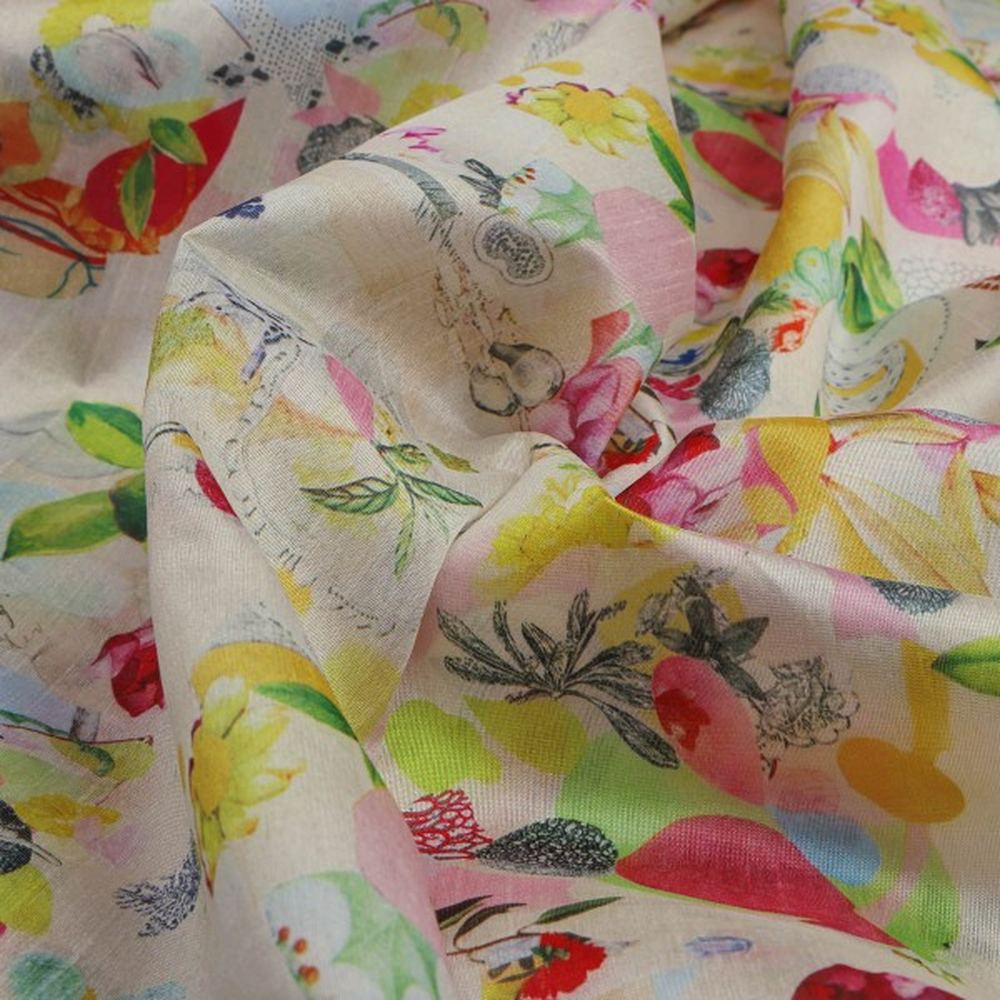 Vibrant Abstract Floral Collage Print Tusser Silk Fabric