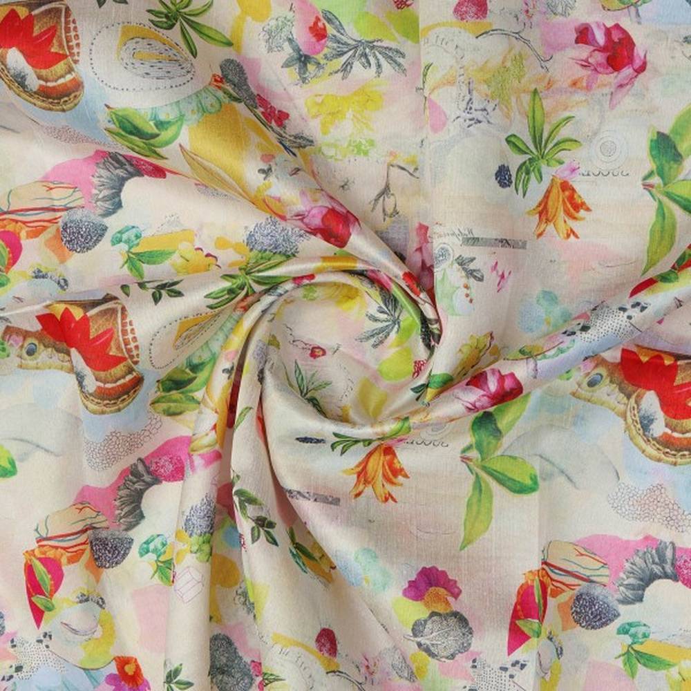 Vibrant Abstract Floral Collage Print Tusser Silk Fabric