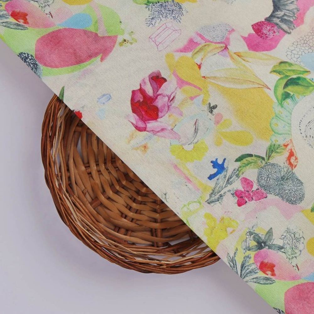 Vibrant Abstract Floral Collage Print Tusser Silk Fabric