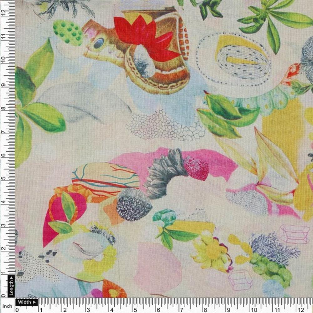 Vibrant Abstract Floral Collage Print Tusser Silk Fabric