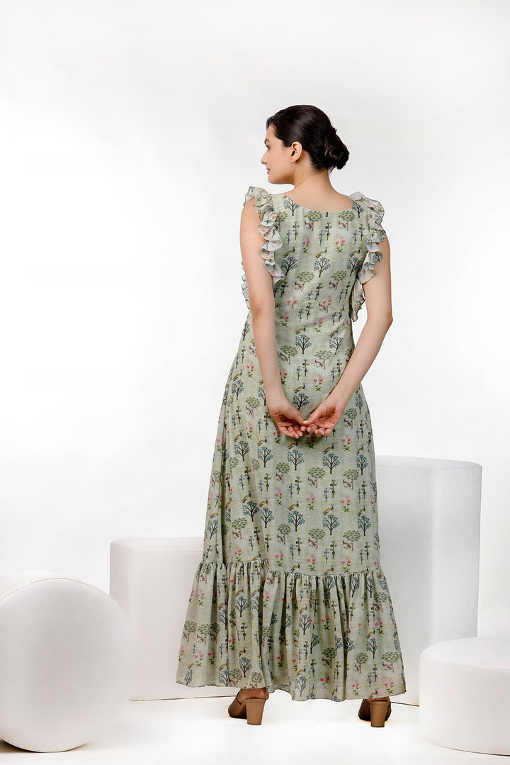 Pista Green Floral Print Maxi Gown