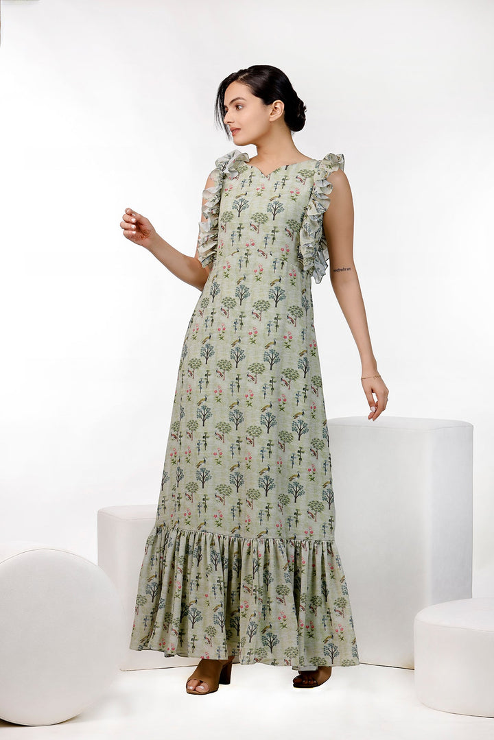 Pista Green Floral Print Maxi Gown